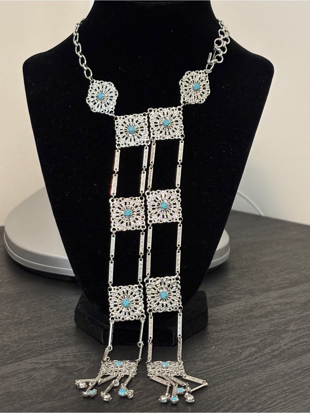 Silver Filigree Lariat Necklace with Turquoise Accents - Women Jewelry
